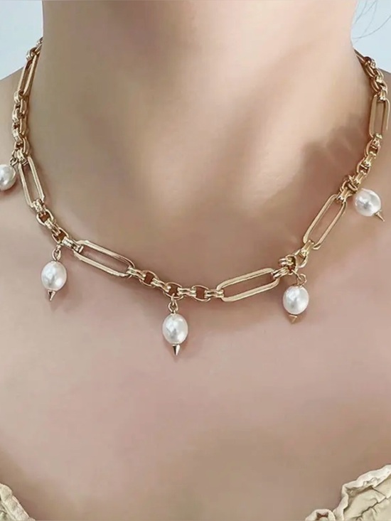 Jewelry - Gold Pearl Charm Link Necklace - Unbranded